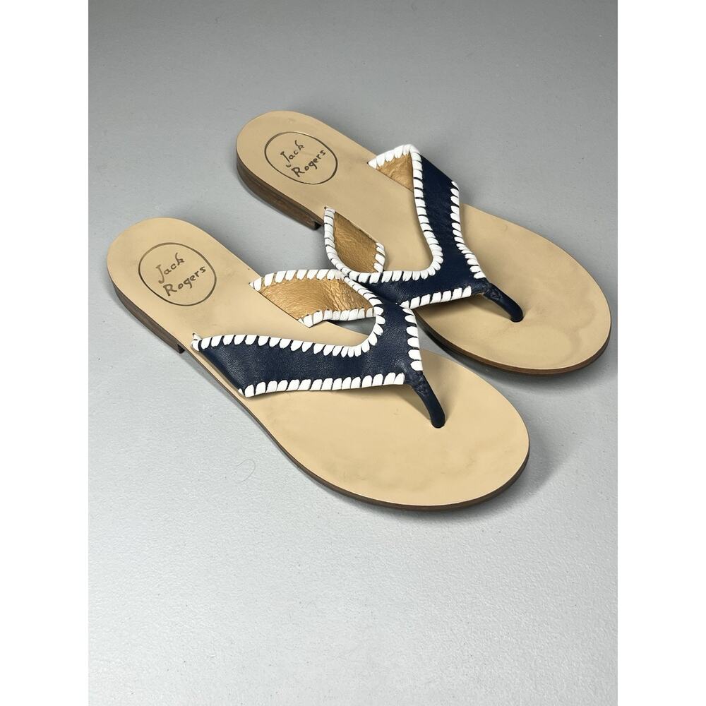 Jack Rogers Navy Leather Thong Sandals with White Whipstitch